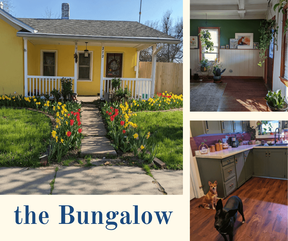 three photos displaying the exterior of the bungalow, the living room, and the kitchen